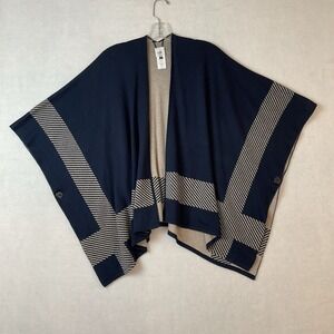 CABI Reversible Poncho Wrap Womens XS-S Navy Blue Beige Sweater Knit Open Front